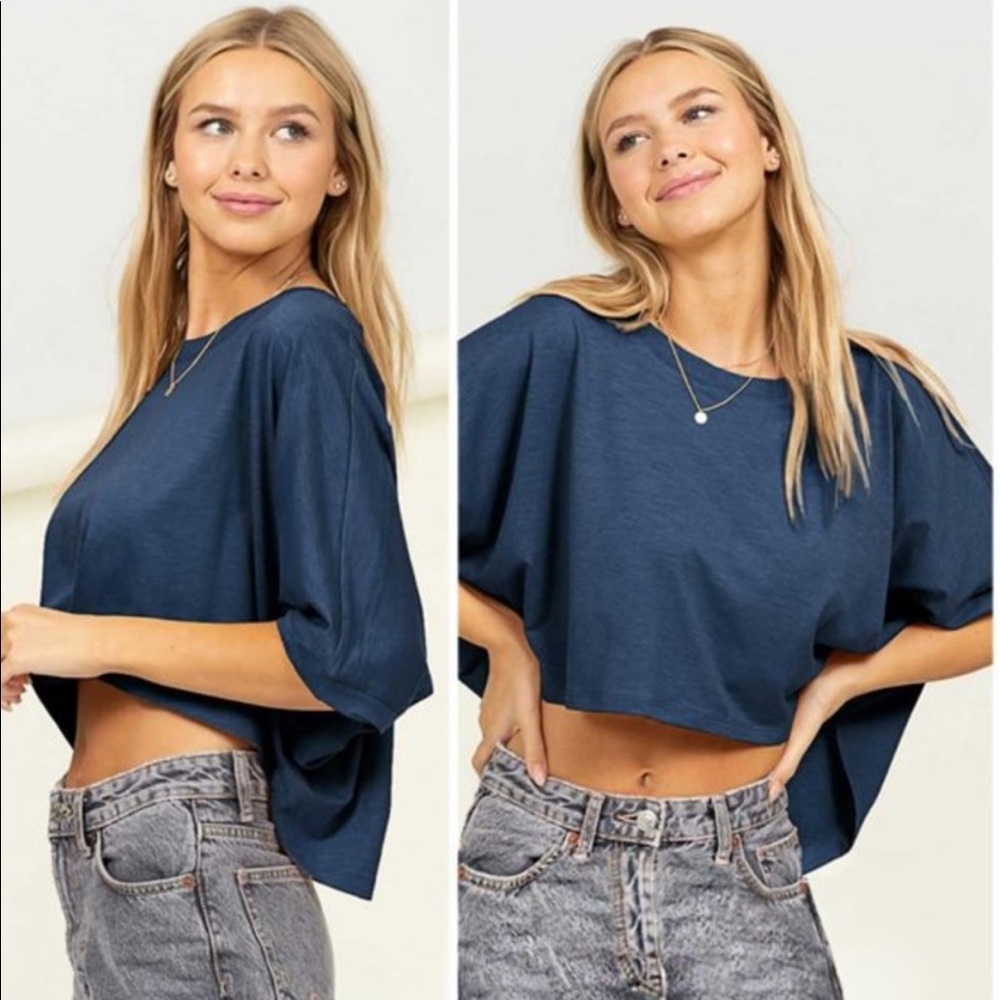 NAVY BLUE DOLMAN HIGH/LOW CROP TOP